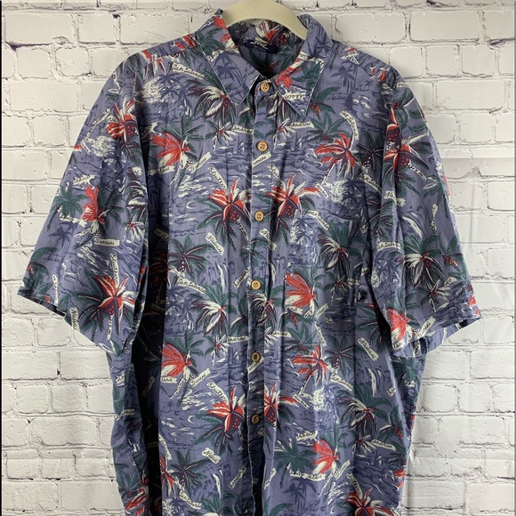 VINTAGE ISLAND SOUL Hawaiian Shirt Blue with Red & Green Palm Trees - Picture 2 of 7